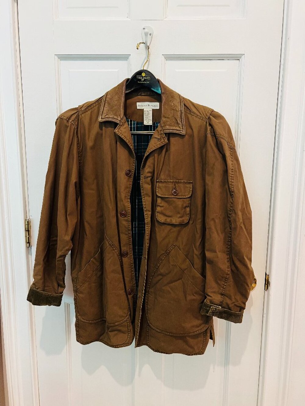 Vintage 90s Banana Republic Mens XS Flannel Lined Leather Collar Chore Jacket